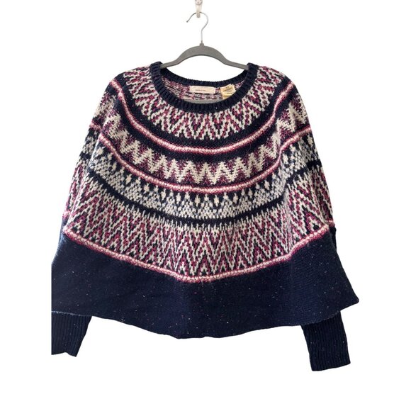 Anthropologie Sleeping On Snow Midland Fair Isle Sweater Poncho Blue XS/S Wool - Picture 13 of 14